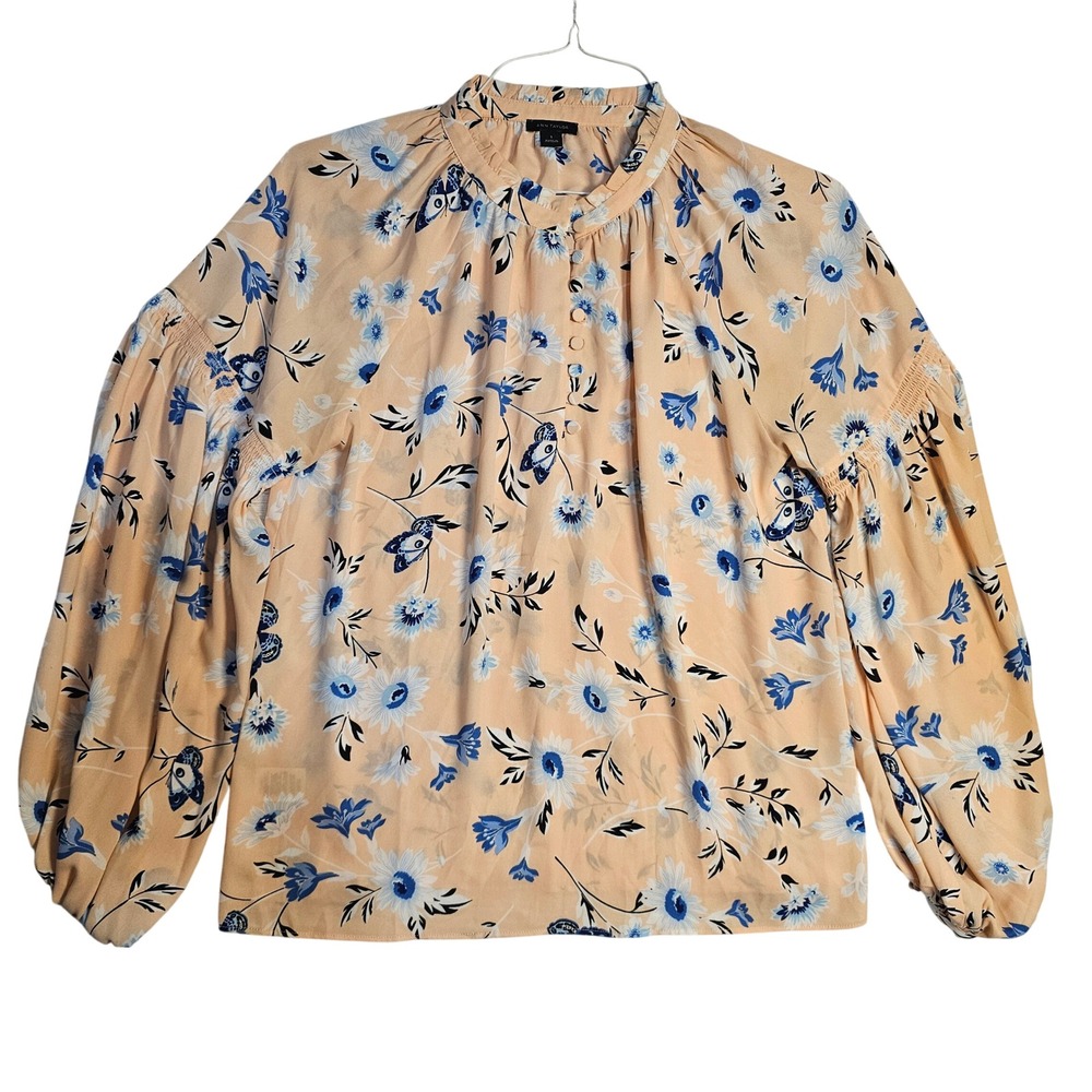 Ann Taylor Floral Balloon Sleeve Blouse Peach Blue Ruffle Neck Small